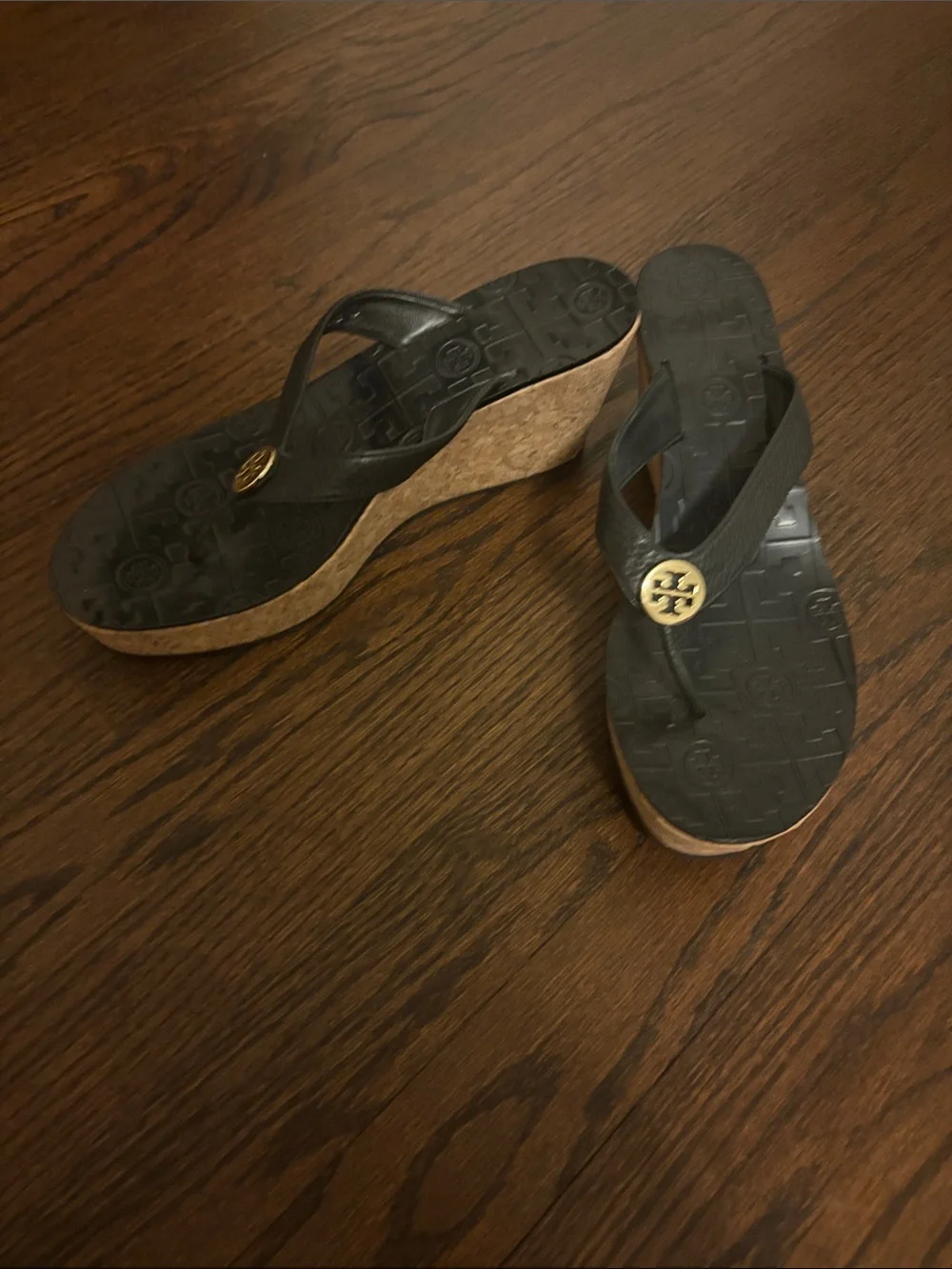 Tory Burch Black Wedge Thong Sandals with Gold Logo